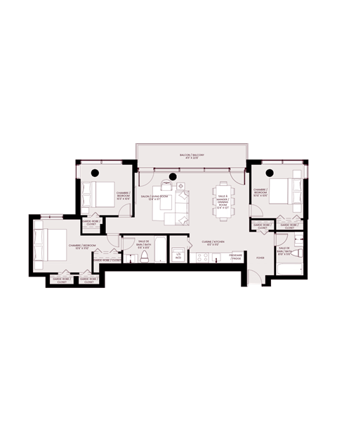 Floor plan for 3 beds, 2 baths, 1136 sqft